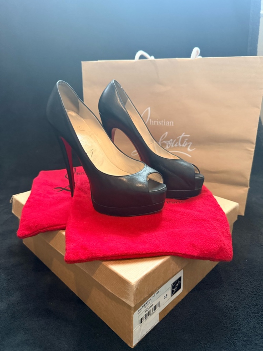 Christian Louboutin Palais Royal 140 Kid Leather Peep-Toe Platform w/Red Soles
